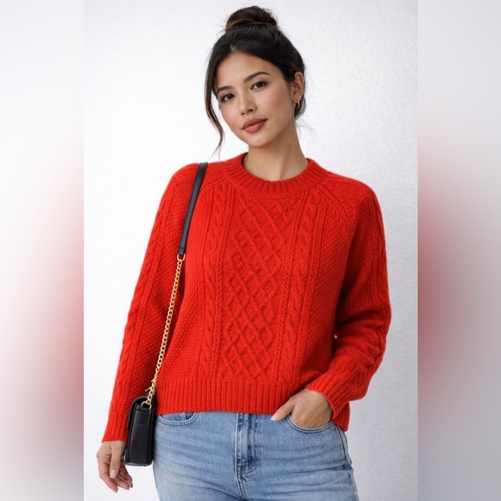 Madewell Red Cable Knit Sweater Cozy Crewneck Classic Size Small